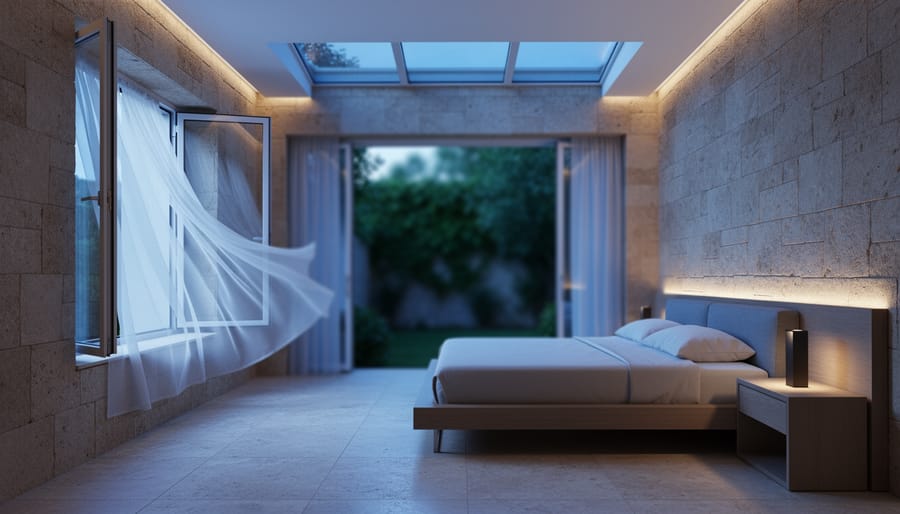Modern bedroom with limestone wall and travertine floor, open windows and flowing sheer curtains in cool pre-dawn light, suggesting natural cross-ventilation with a leafy courtyard visible outside.