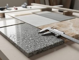 Close-up angled photo of granite, marble, and limestone samples on a workbench, an analog caliper touching a slab edge, and water droplets beading on polished granite, with blurred stoneworking tools and a thin stone strip resting across two supports in the background.