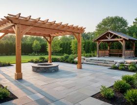 Eye-level view of a landscaped backyard at golden hour featuring a cedar pergola over bluestone pavers extending beyond the posts, a directional stone pattern leading to a sunken fire feature, and a rustic wooden gazebo on irregular flagstone in the background.