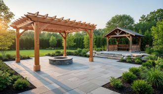Eye-level view of a landscaped backyard at golden hour featuring a cedar pergola over bluestone pavers extending beyond the posts, a directional stone pattern leading to a sunken fire feature, and a rustic wooden gazebo on irregular flagstone in the background.