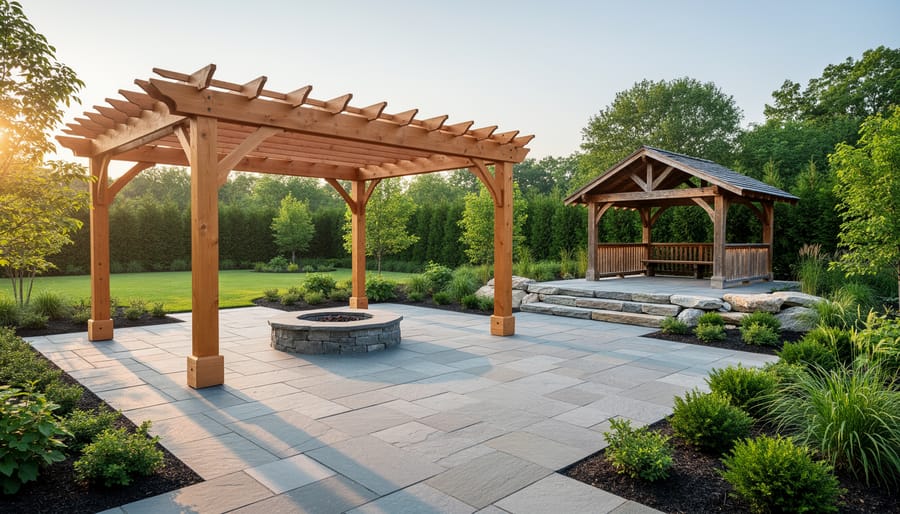 Eye-level view of a landscaped backyard at golden hour featuring a cedar pergola over bluestone pavers extending beyond the posts, a directional stone pattern leading to a sunken fire feature, and a rustic wooden gazebo on irregular flagstone in the background.