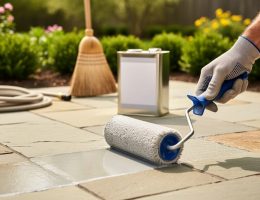 Gloved hand using a pole-mounted roller to apply clear sealer to a flagstone patio, with a blurred background of garden beds, coiled hose, broom, and an unlabeled sealer can in soft spring daylight
