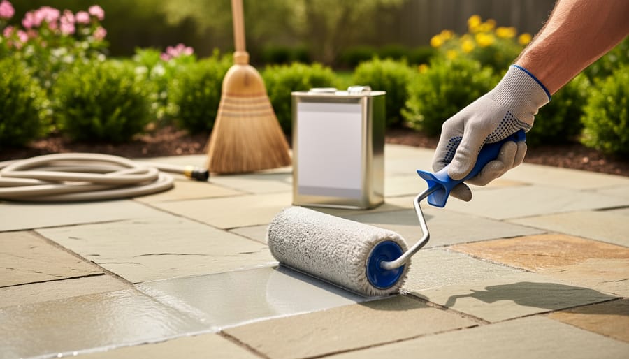 Gloved hand using a pole-mounted roller to apply clear sealer to a flagstone patio, with a blurred background of garden beds, coiled hose, broom, and an unlabeled sealer can in soft spring daylight