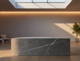 Monolithic veined marble plinth in a minimalist modern room, illuminated by golden hour sunlight from a high window and gentle LED uplighting, with blurred seating and greenery behind.