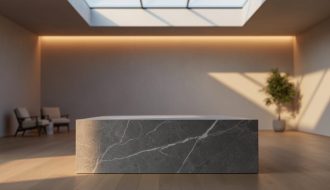 Monolithic veined marble plinth in a minimalist modern room, illuminated by golden hour sunlight from a high window and gentle LED uplighting, with blurred seating and greenery behind.