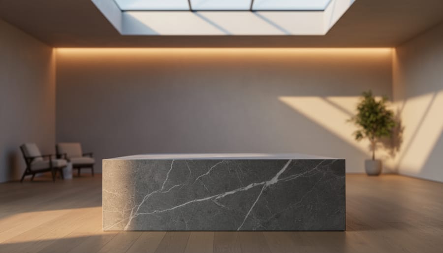Monolithic veined marble plinth in a minimalist modern room, illuminated by golden hour sunlight from a high window and gentle LED uplighting, with blurred seating and greenery behind.