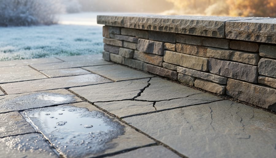 Natural stone patio showing seasonal weathering and minor surface damage