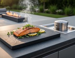 Close-up of a dark stone slab on an outdoor kitchen island with gentle white smoke surrounding seared salmon and herbs, a small stainless smoke generator recessed in the stone, warm side lighting, and a softly blurred patio and fire feature in the background.