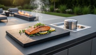 Close-up of a dark stone slab on an outdoor kitchen island with gentle white smoke surrounding seared salmon and herbs, a small stainless smoke generator recessed in the stone, warm side lighting, and a softly blurred patio and fire feature in the background.