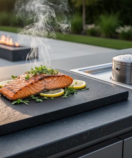 Close-up of a dark stone slab on an outdoor kitchen island with gentle white smoke surrounding seared salmon and herbs, a small stainless smoke generator recessed in the stone, warm side lighting, and a softly blurred patio and fire feature in the background.