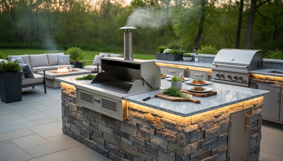 Outdoor kitchen with integrated natural stone smoke infusion chamber