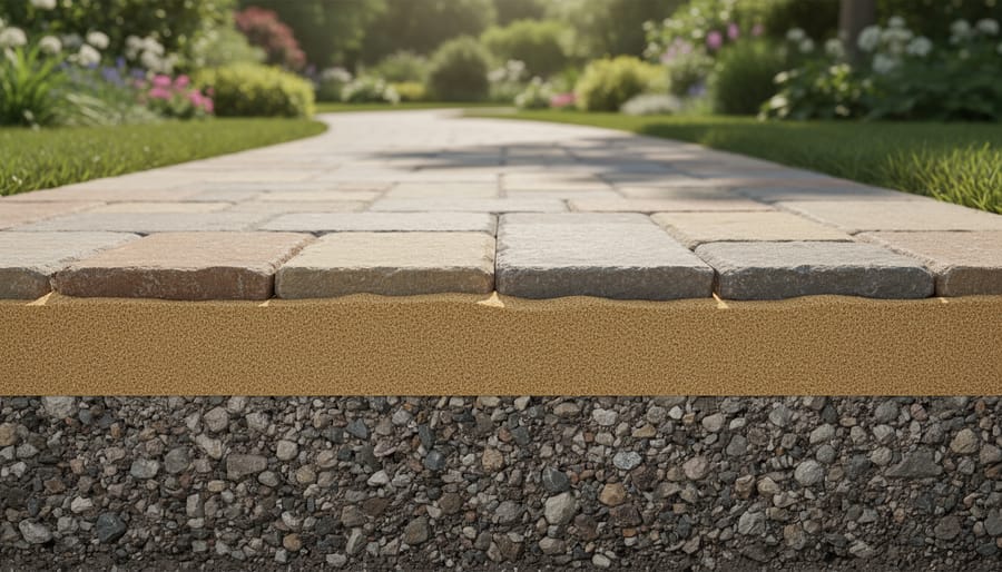 Cross-section view of stone pathway showing foundation layers including crushed stone base and sand bedding