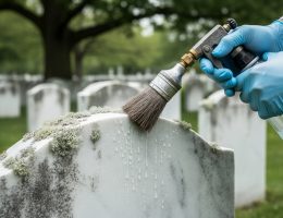 Gloved hands use a natural bristle brush and low-pressure sprayer to clean lichen from a marble gravestone, with blurred cemetery headstones and trees in the background under soft daylight.
