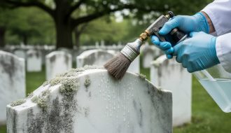 Gloved hands use a natural bristle brush and low-pressure sprayer to clean lichen from a marble gravestone, with blurred cemetery headstones and trees in the background under soft daylight.