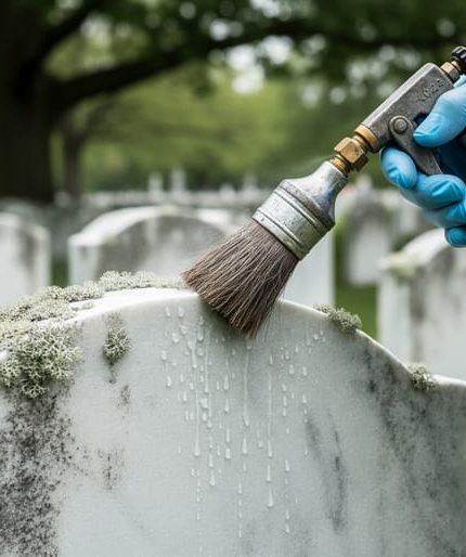 Gloved hands use a natural bristle brush and low-pressure sprayer to clean lichen from a marble gravestone, with blurred cemetery headstones and trees in the background under soft daylight.