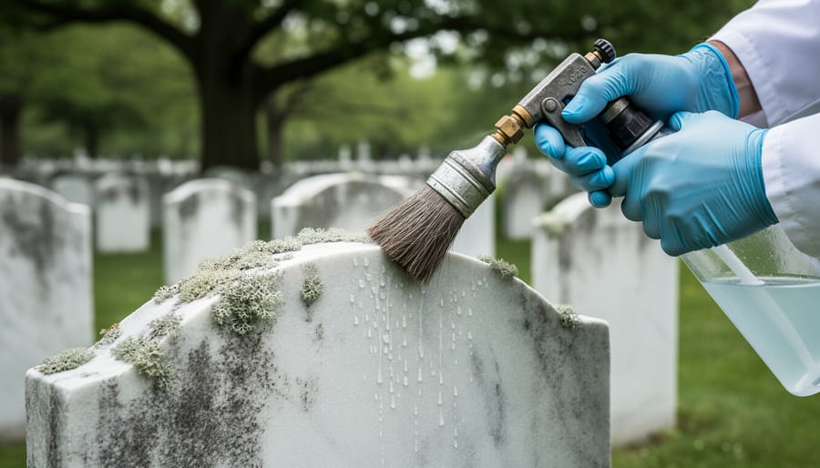 Gloved hands use a natural bristle brush and low-pressure sprayer to clean lichen from a marble gravestone, with blurred cemetery headstones and trees in the background under soft daylight.
