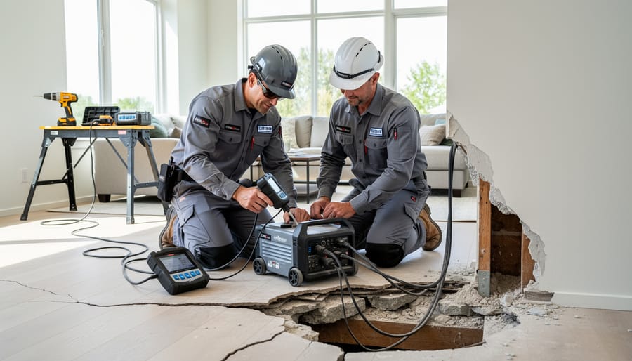 Professional technician using polishing equipment to repair quartz countertop
