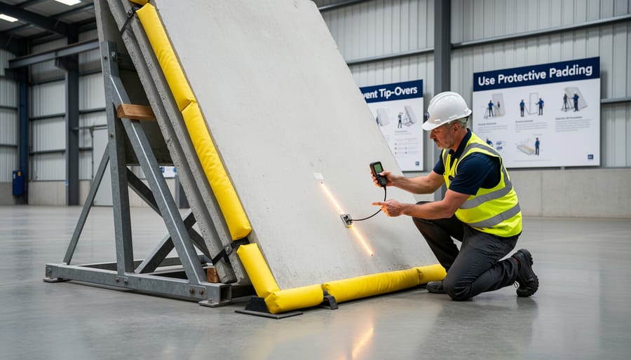 Close-up of granite slab positioned at correct angle in metal rack with rubber padding visible