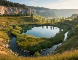 Elevated view of a rehabilitated quarry with terraced vegetated slopes around a clear wetland pond and drainage channel at golden hour, with a distant rock face and forested ridgelines in the background.