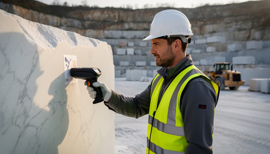 Quarry technician wearing a high-visibility vest scans a tagged marble block with a handheld RFID reader in a stone yard, late-afternoon side light, with quarry terraces, stacked slabs, and a loader softly blurred in the background.