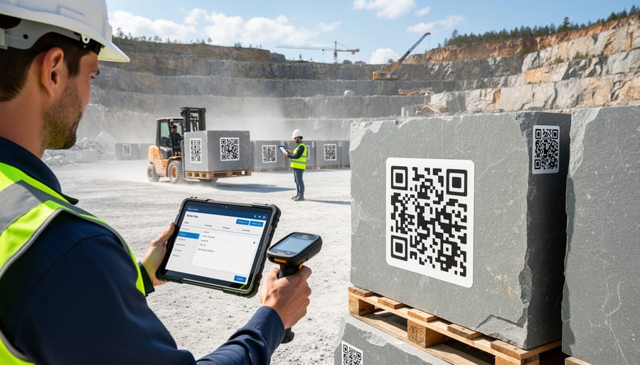Marble slab with QR code traceability tag in stone warehouse