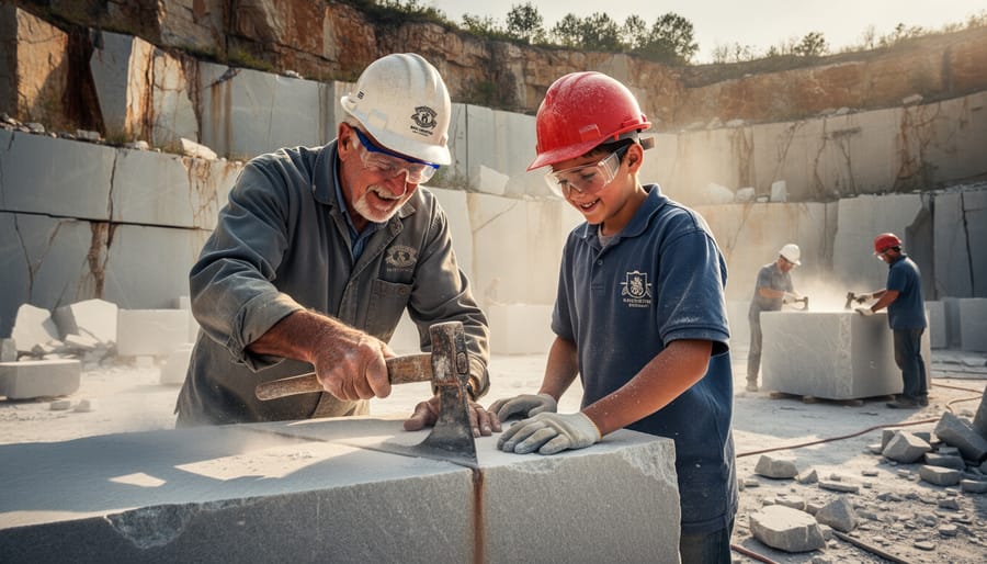 Weathered hands of experienced quarry worker holding traditional stone-cutting tools