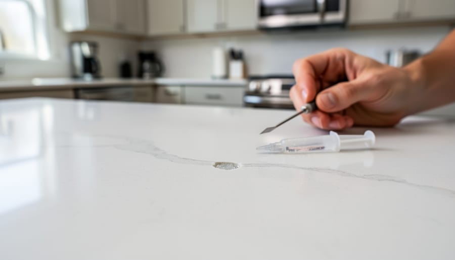 Close-up of small chip damage in white quartz countertop surface