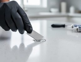 Gloved hand smoothing clear epoxy into a small chip on a light gray quartz countertop with a razor blade, with a minimalist kitchen softly blurred in the background.