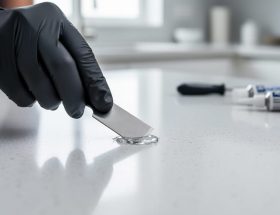 Gloved hand smoothing clear epoxy into a small chip on a light gray quartz countertop with a razor blade, with a minimalist kitchen softly blurred in the background.