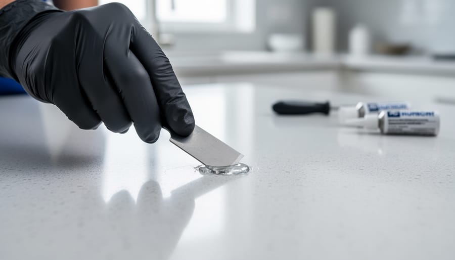 Gloved hand smoothing clear epoxy into a small chip on a light gray quartz countertop with a razor blade, with a minimalist kitchen softly blurred in the background.
