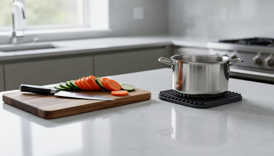 Cutting board and trivet on quartz countertop showing proper protective practices
