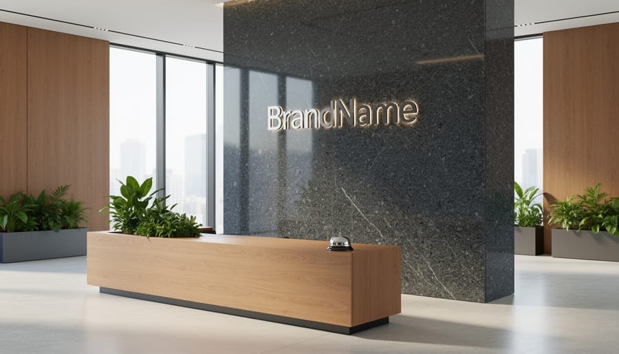 Polished granite freestanding stone wall behind modern reception desk in corporate lobby