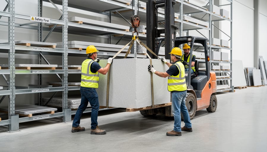 Workers using forklift to safely load marble slab into vertical storage rack with proper guidance