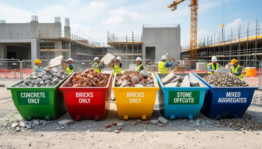 Organized piles of separated stone waste materials at construction site