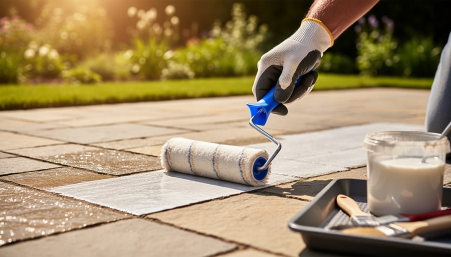 Hands applying protective sealer to natural stone paver with foam brush