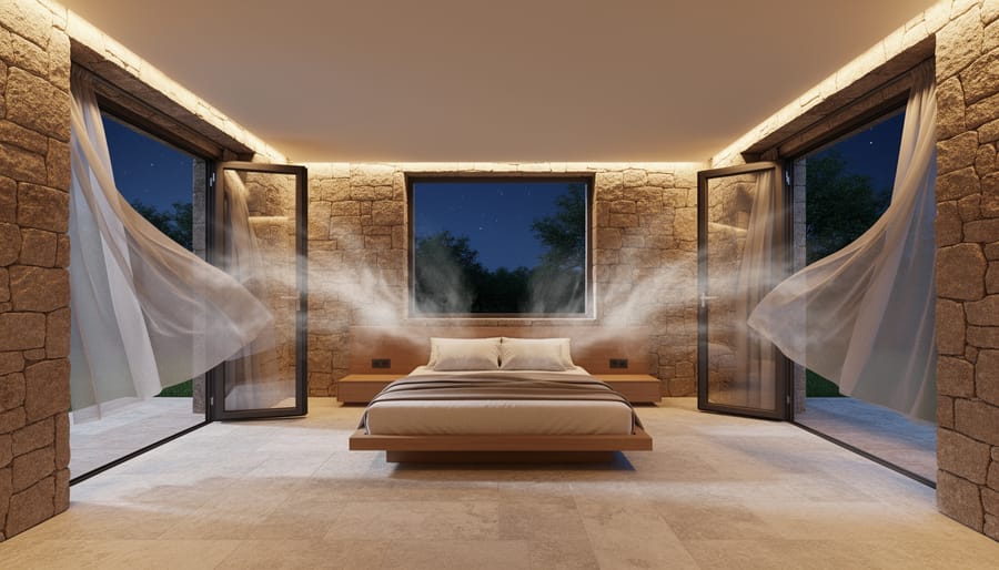 Modern bedroom with natural stone flooring and walls featuring open window for natural ventilation