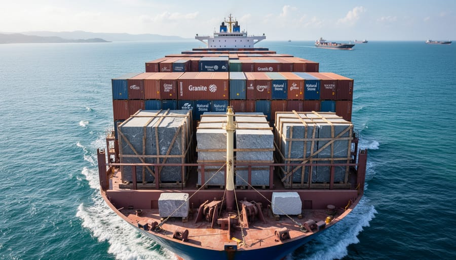Aerial view of cargo ship carrying stone materials through shipping channel