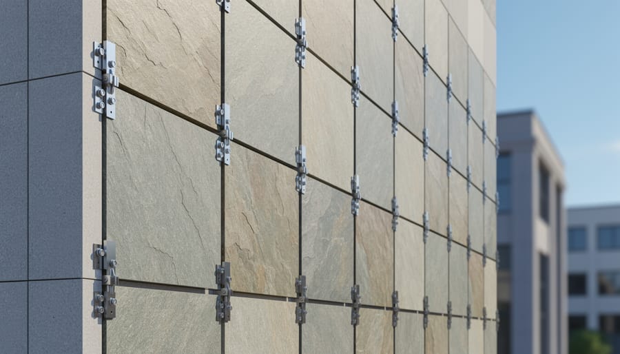 Modern building facade showing natural stone cladding panels with visible mechanical anchoring systems