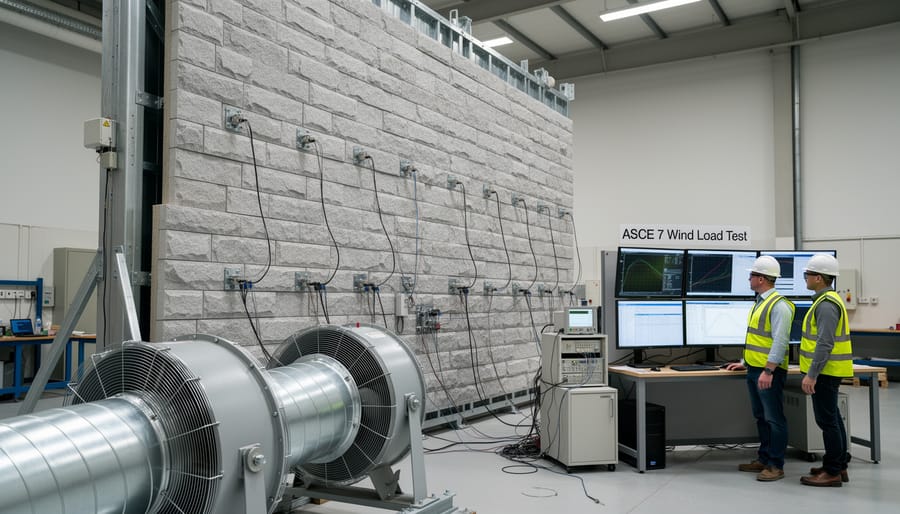Stone cladding mock-up assembly undergoing wind load testing in industrial facility