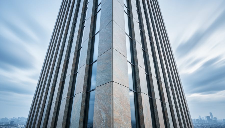 Low-angle photo of a modern high-rise with natural stone cladding at the corner, sharp panel joints and texture visible, with fast-moving clouds and a distant skyline in the background.