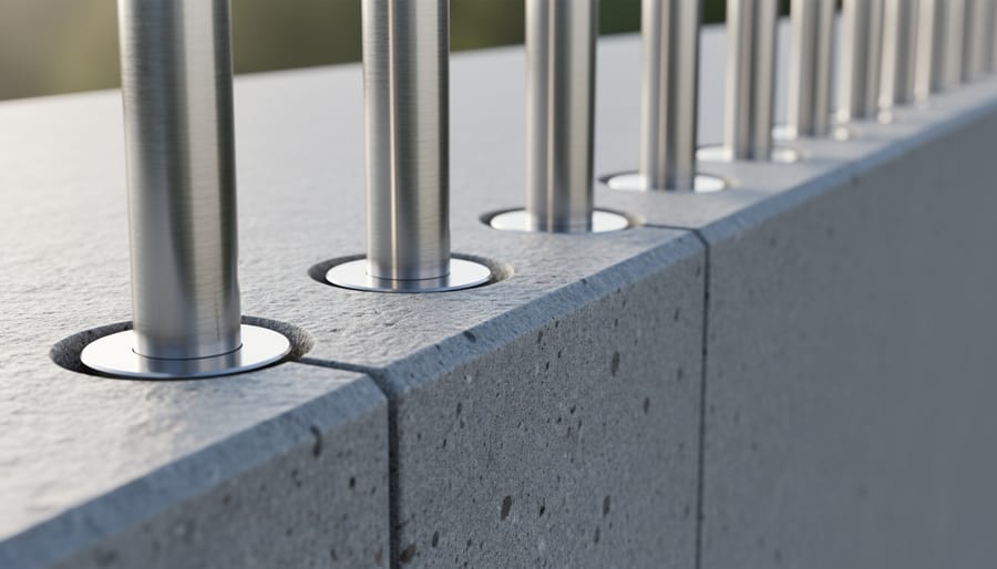 Close-up of metal dowel pins and anchors installed in granite slab edge