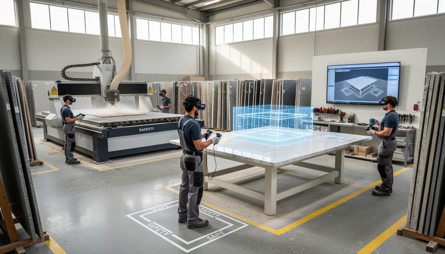 Stone fabrication workshop with workers and equipment in professional industrial setting