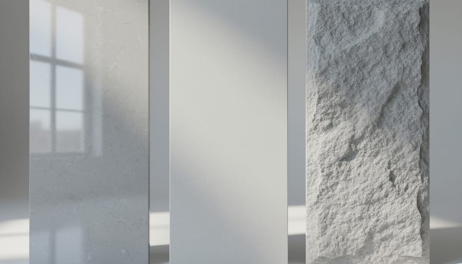 Three limestone surface finishes showing polished, honed, and textured treatments side by side