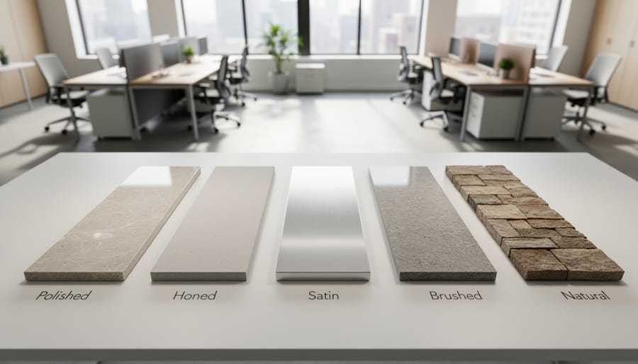 Close-up comparison of polished, honed, and natural stone finish textures