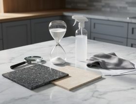 Polished marble kitchen island photographed from above with an hourglass, magnifying glass, granite and limestone sample tiles, and an unlabeled cleaning spray with microfiber cloth on a stack of papers; blurred cabinets and stone backsplash in the background.