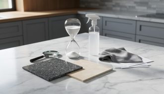 Polished marble kitchen island photographed from above with an hourglass, magnifying glass, granite and limestone sample tiles, and an unlabeled cleaning spray with microfiber cloth on a stack of papers; blurred cabinets and stone backsplash in the background.