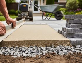 Hands using a screed board to level coarse sand over a compacted crushed gravel base for a garden stone pathway, with stacked pavers and a blurred plate compactor and wheelbarrow in the background.