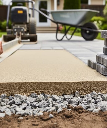 Hands using a screed board to level coarse sand over a compacted crushed gravel base for a garden stone pathway, with stacked pavers and a blurred plate compactor and wheelbarrow in the background.