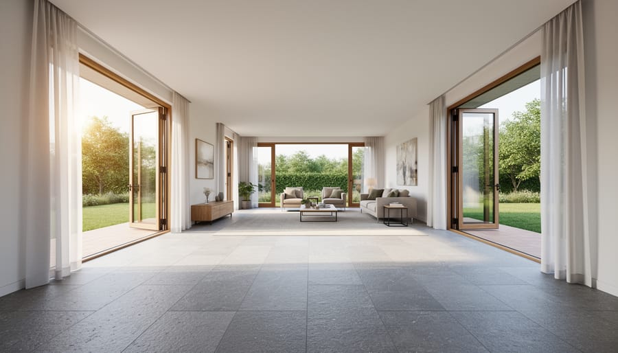 Open-plan room with natural stone flooring and cross-ventilation design featuring opposing windows