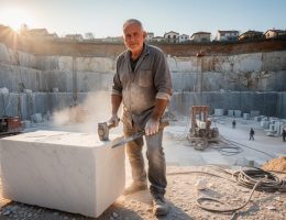 Stonemason holding a chisel and mallet beside a freshly cut block in a terraced marble and limestone quarry at golden hour, with quarry walls, cable saws, and distant workers visible in the background.